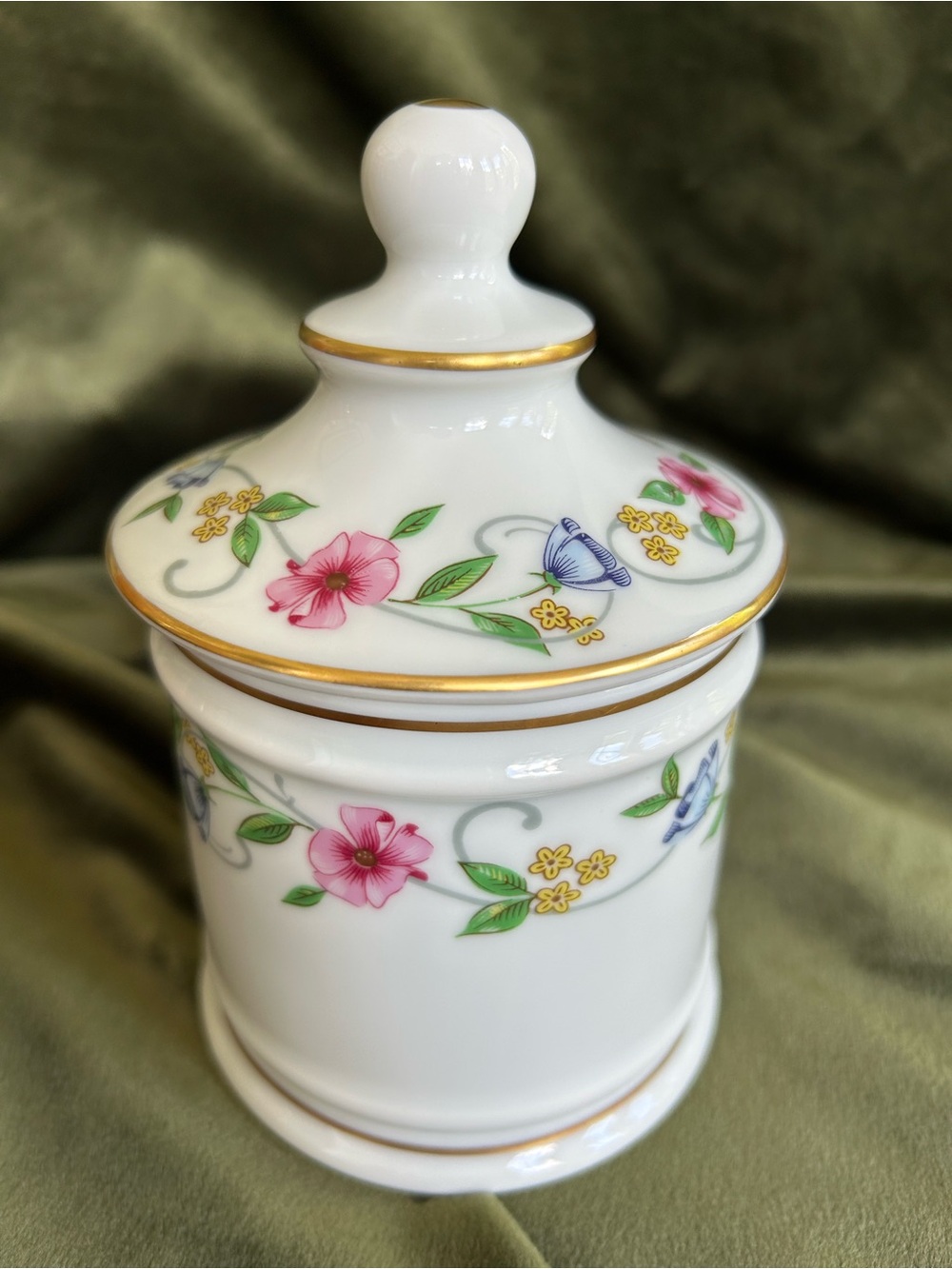 Limoges White Porcelain Canister with Pink, Blue and Gold Floral Motif 61/2in